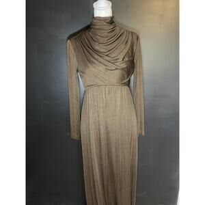 1970s Metallic Bronze Gown w/Draped High Neck/Long Sleeve Maxi–Talon Zipper